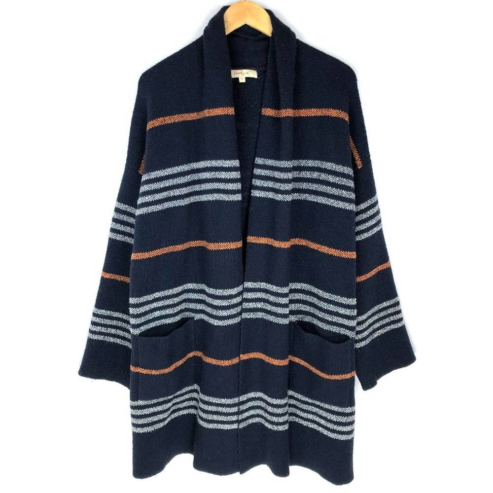 Rene Derhy Cardigan Sweater Navy Blue Stripe Oversized Long Duster Open S